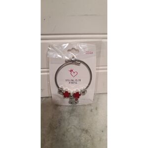 Stainless Steel Silver Kids Hello Kitty Bracelet W/Red Clovers